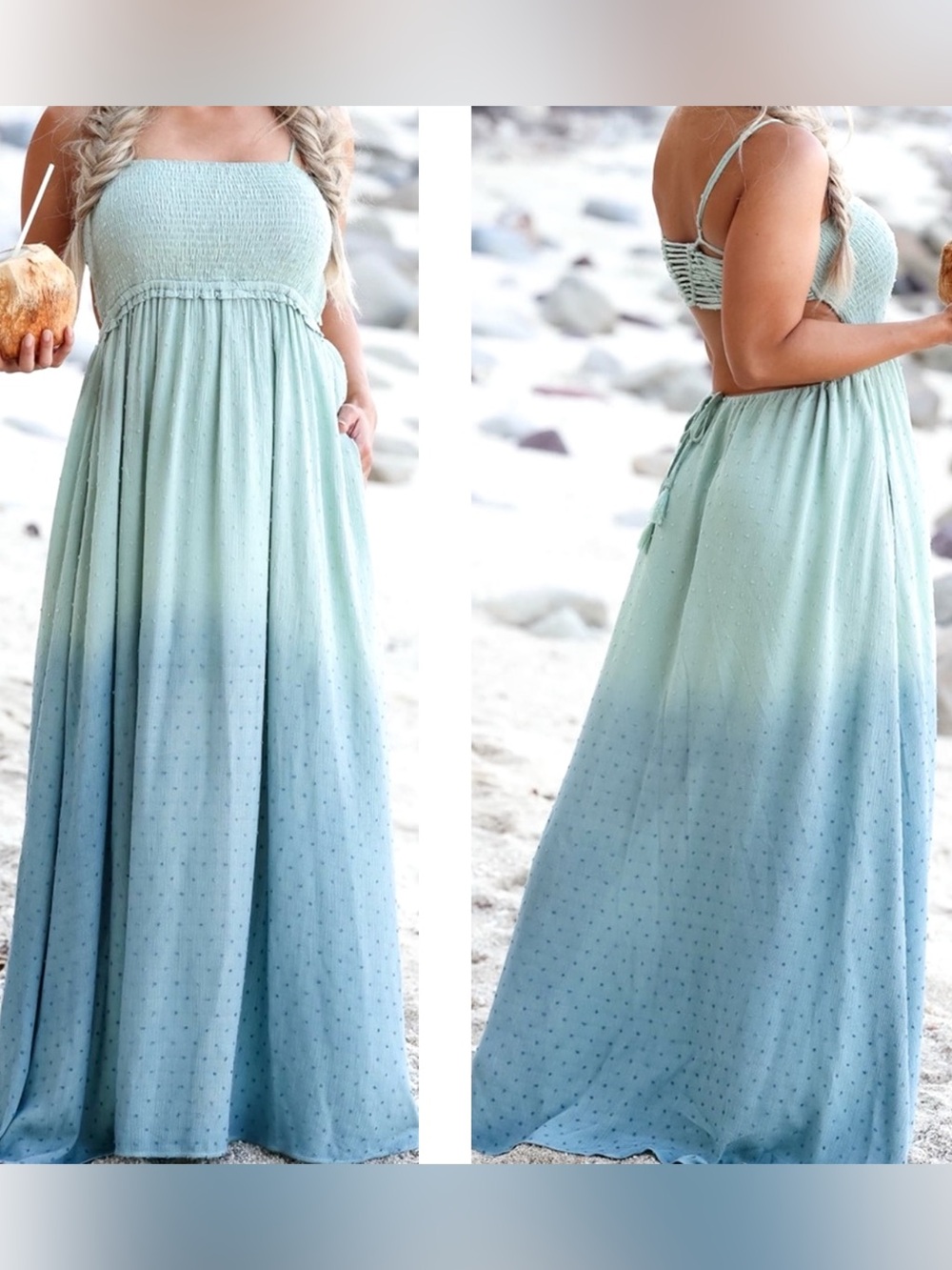 . Beachy Keen Ombre Gradient Green & Blue Swiss Dot Smocked Tassel Maxi
